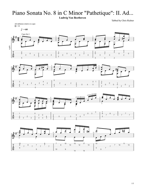 Piano Sonata No. 8 in C Minor "Pathetique": II. Adagio cantabile by Ludwig Van Beethoven (Arr. Chris Richter) (Guitar Tab)
