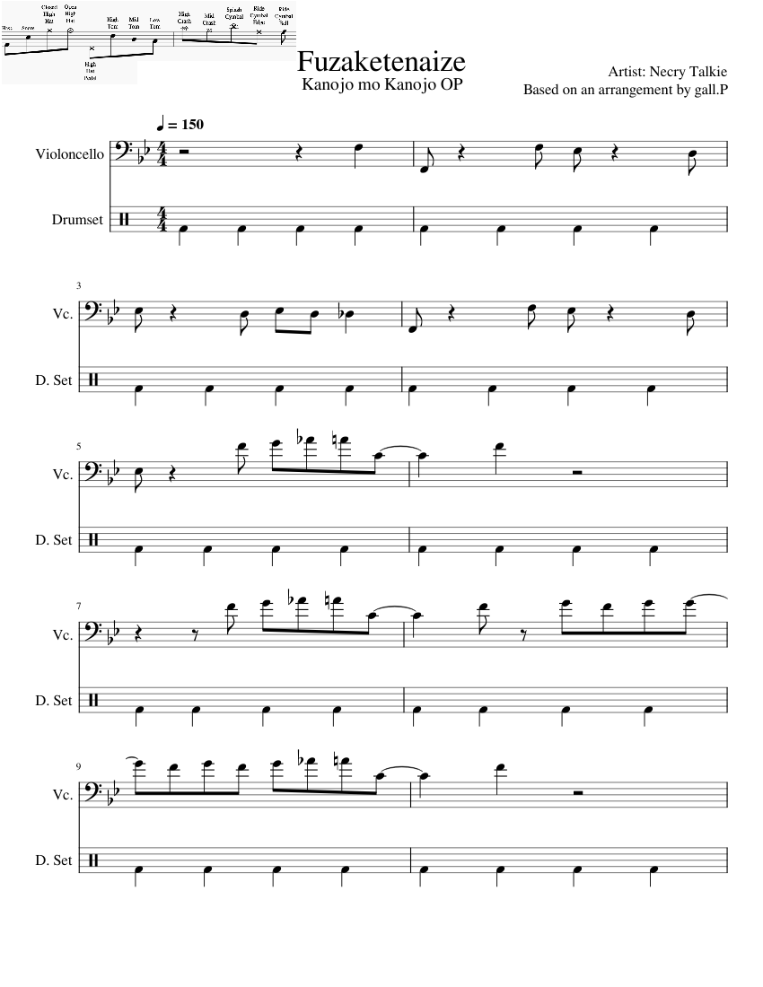 Fuzaketenaize (Kanojo mo Kanojo OP) - Drum Tab Sheet Music for