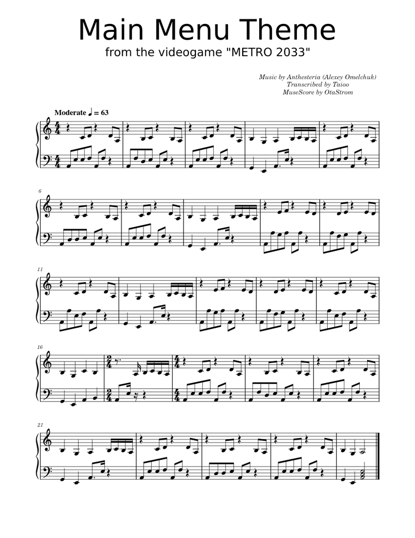 Metro 2033: Main Menu Theme Sheet music for Piano (Solo) 