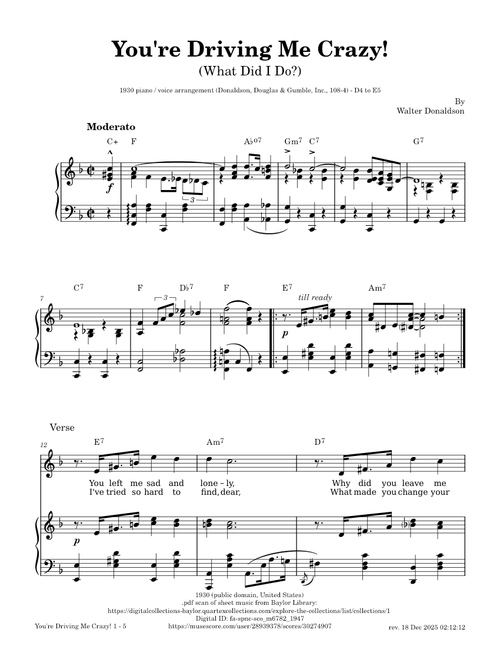 You're Driving Me Crazy – Walter Donaldson [1930 piano / vocal arrangement]