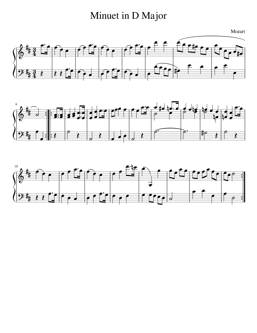 メヌエット ニ長調 K94/73h (モーツァルト) 楽譜 ピアノ (ソロ) easy