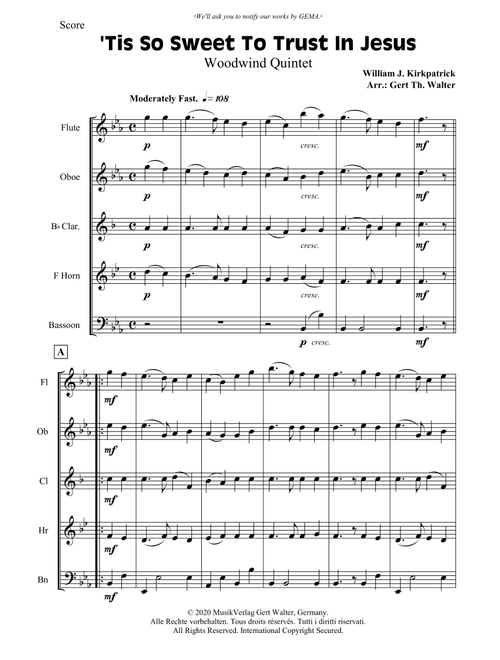'Tis So Sweet To Trust In Jesus (Arr. Gert Th. Walter) - William J Kirkpatrick (Small Ensemble)