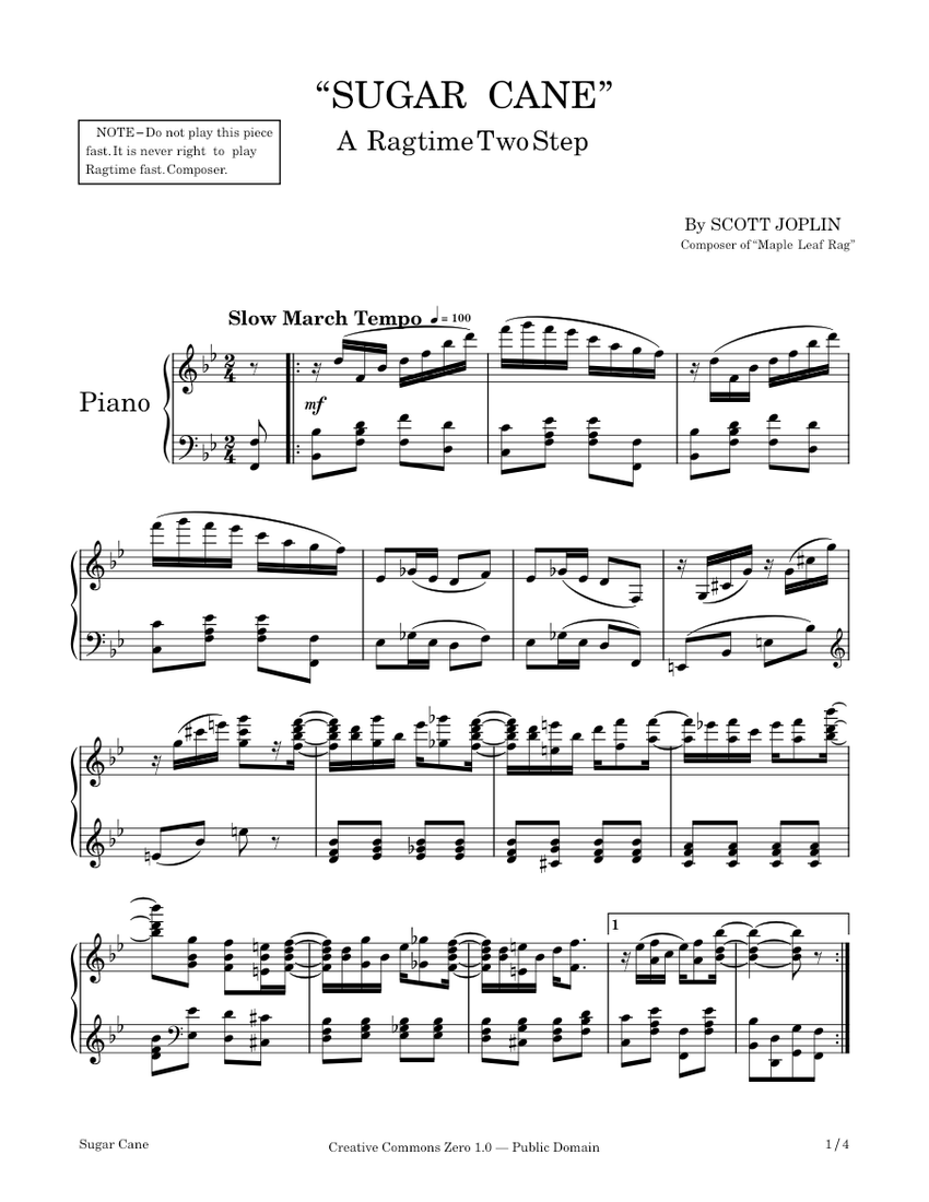 Sugar Cane Scott Joplin 1908 Sheet music for Piano (Solo