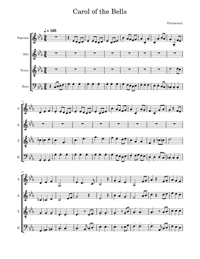 Carol of the bells – Pentatonix Sheet Music for Soprano, Alto, Tenor ...