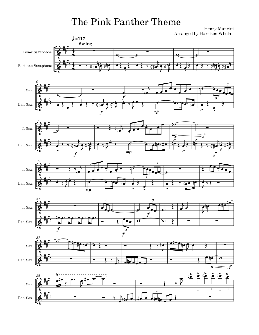 The Pink Panther Theme Sheet music for Saxophone tenor, Saxophone