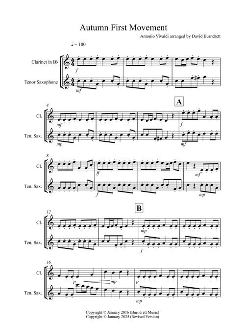 Autumn "Four Seasons" for Clarinet and Tenor Saxophone Duet (Arr. David Burndrett) - Antonio Vivaldi (Instrumental Duet)