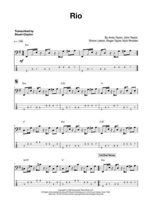 Rio (Arr. Transcribed by Stuart Clayton) - Duran Duran (Bass Tab)
