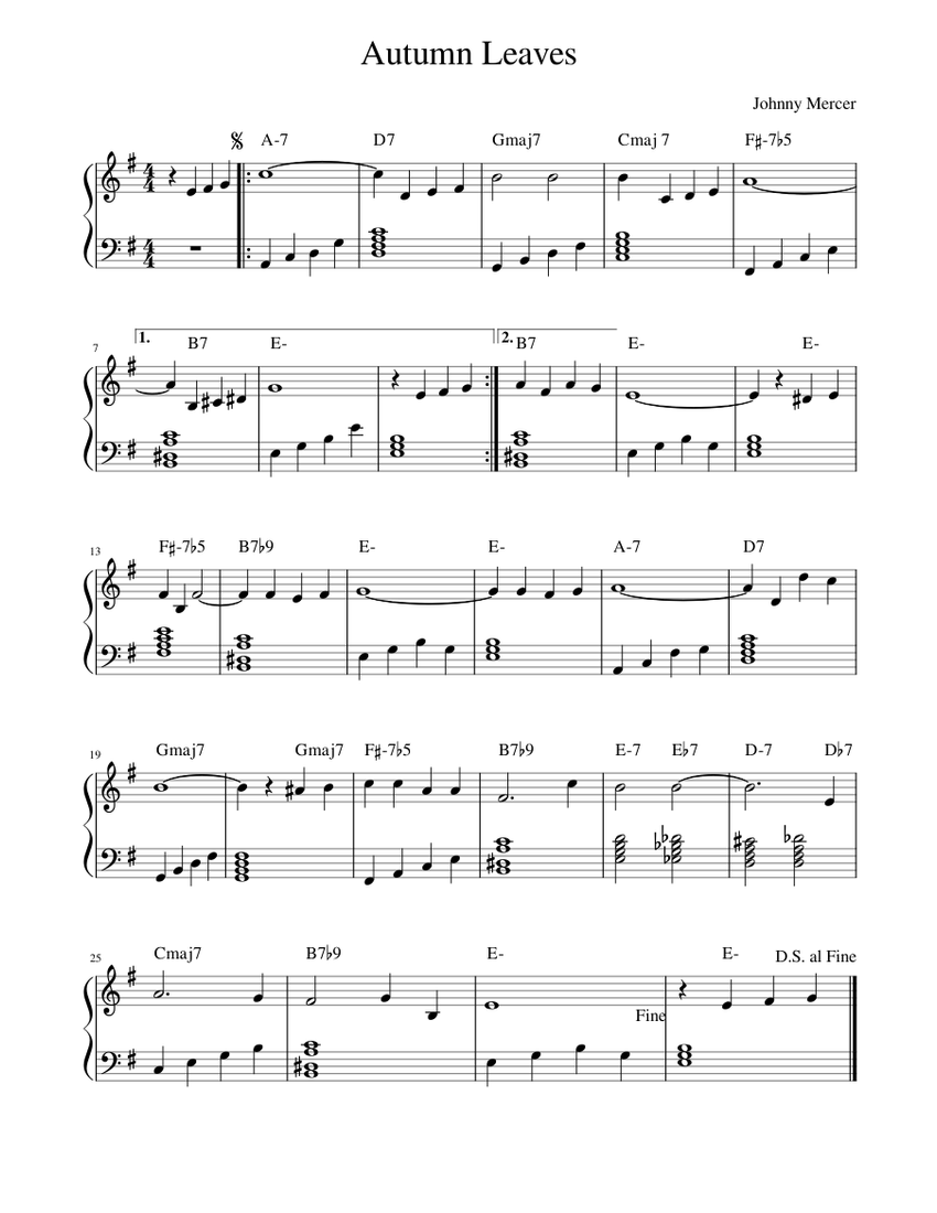 Autumn Leaves Piano Sheet Music with Chords for Piano (Solo