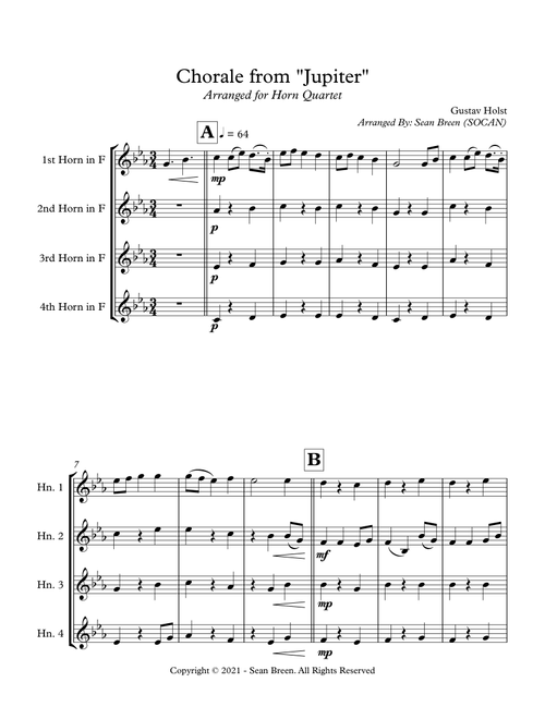 Chorale from "Jupiter" - Horn Quartet (Arr. Sean Breen) - Gustav Holst (French Horn Solo)