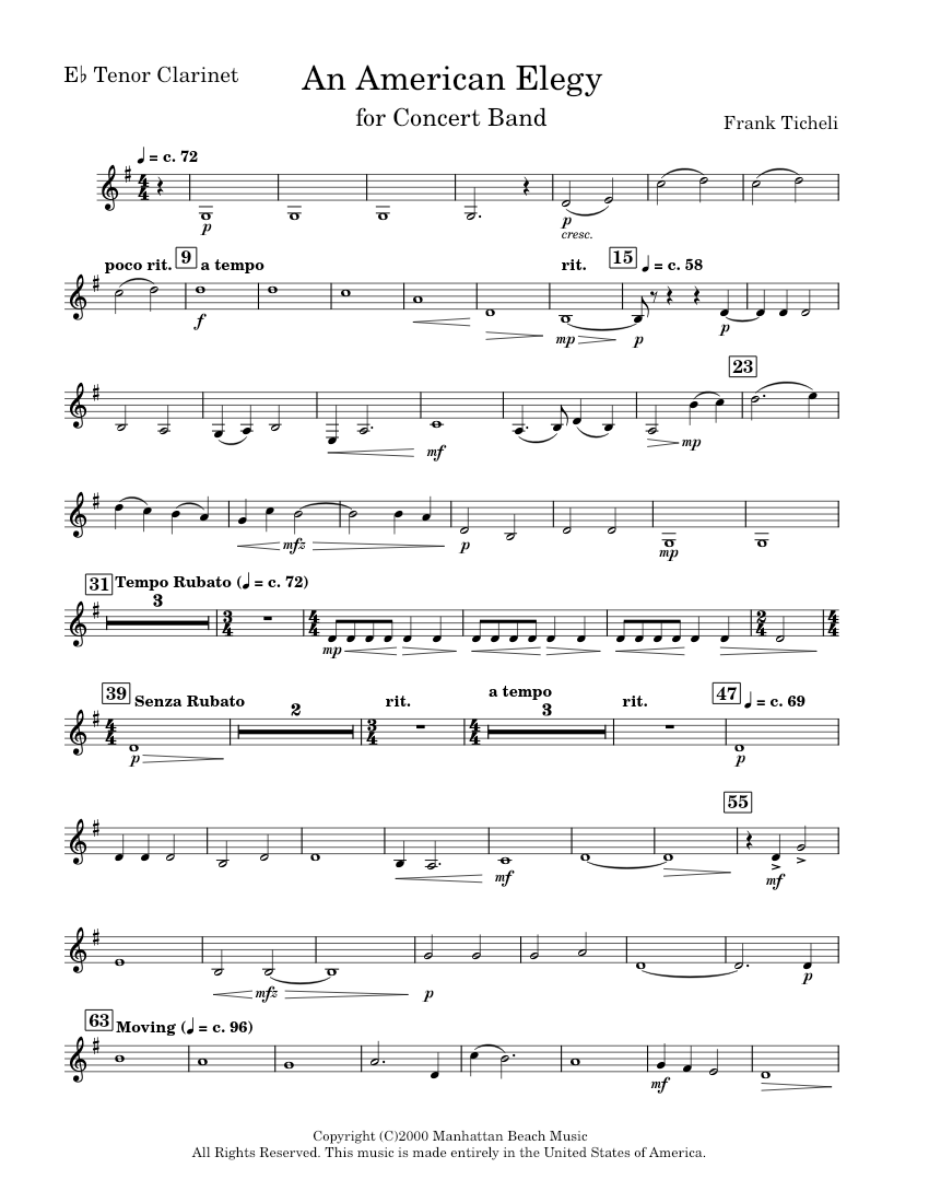An American Elegy Frank Ticheli (custom Alto part) Sheet