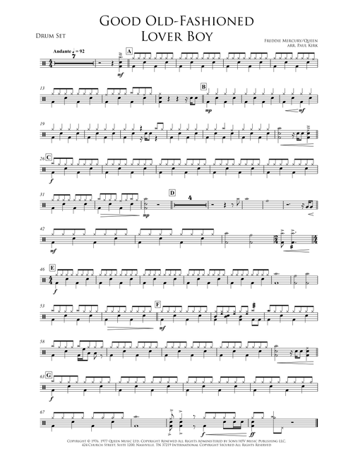 Good Old-fashioned Lover Boy (Arr. Paul Kirk) - Queen (Drums)