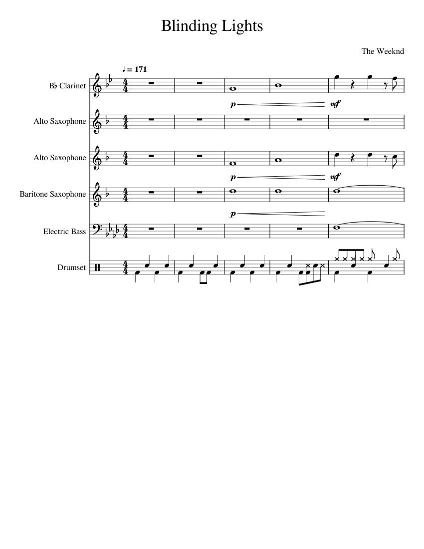 Blinding Lights Sheet music for Clarinet in b flat Saxophone alto Saxophone baritone Bass guitar more instruments Mixed Ensemble Musescore