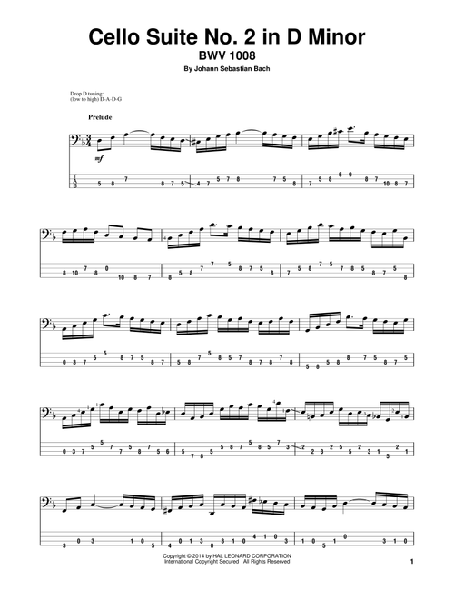 Cello Suite No. 2 In D Minor, BWV 1008 - Johann Sebastian Bach (Bass Tab)