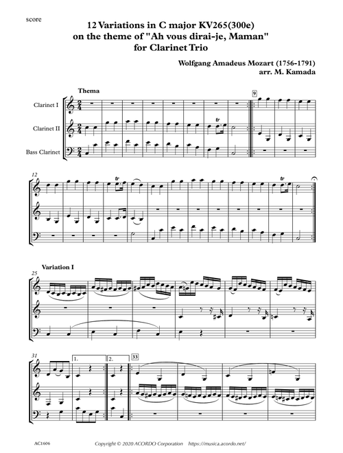 12 Variations in C major KV265(300e) on the theme of "Ah vous dirai-je, Maman" for Clarinet Trio (Arr. Kamada, Mikio) - Mozart, Wolfgang Amadeus (1756-1791) (Clarinet Solo)