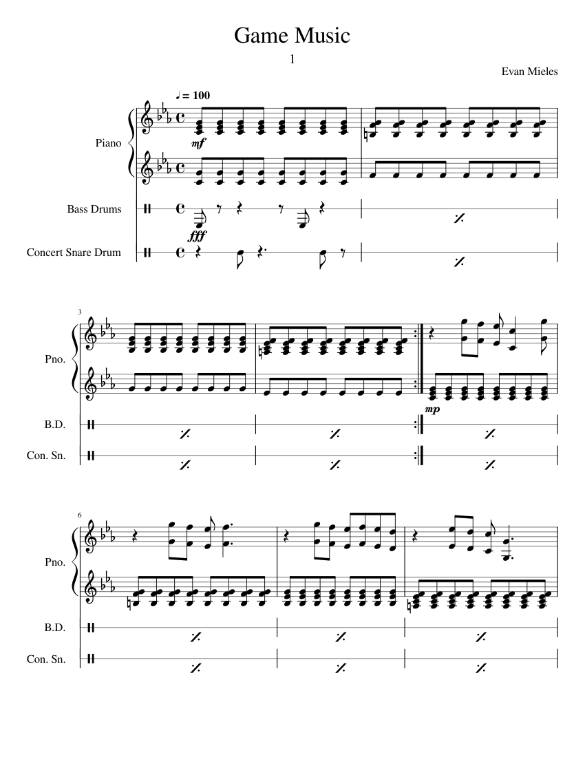 Game_Music Sheet music for Piano, Snare drum, Bass drum (Mixed Trio ...