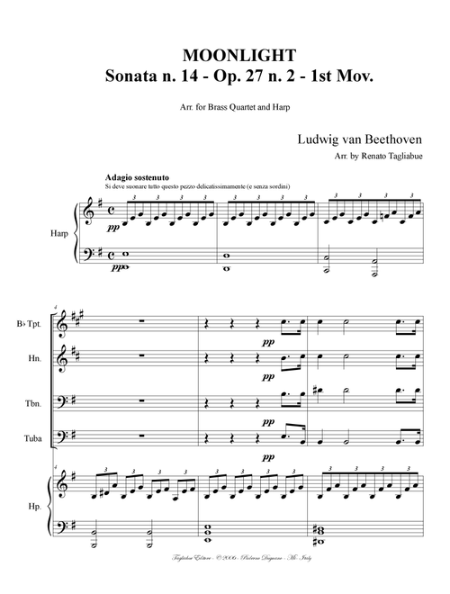 MOONLIGHT, Piano Sonata, Op. 27. Arr. for Brass Quartet and Harp (Piano) (Arr. Renato Tagliabue) (Brass Ensemble)