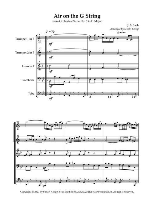 Air on the G String for classical Brass Quintet (from Orchestral Suite No. 3) (Arr. Simon Koepp) - J. S. Bach (Brass Ensemble)