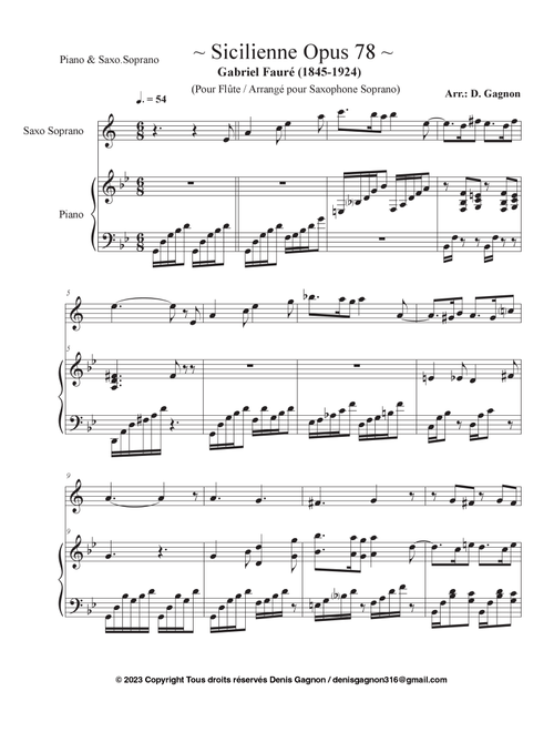 Sicilienne Opus 78 / (More Difficult Version Saxophone) (Arr. D. Gagnon) - Denis Gagnon (Soprano Sax and Piano)