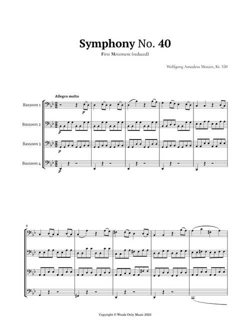Symphony No. 40 by Mozart for Bassoon Quartet (Woodwind Ensemble)