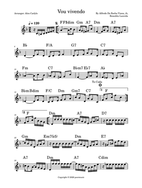 Vou Vivendo (Arr. Alex Carlyle) - Benedito Lacerda, Alfredo Da Rocha Viana Jr (Lead Sheet - Fake Book)