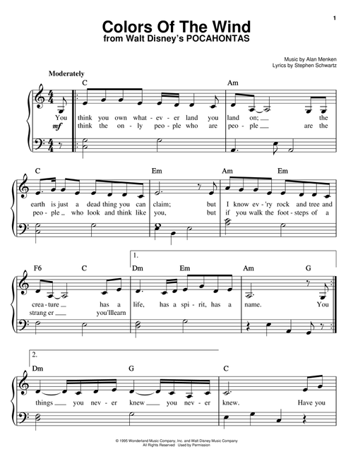 Colors Of The Wind (from Pocahontas) - Vanessa Williams (Easy Piano)
