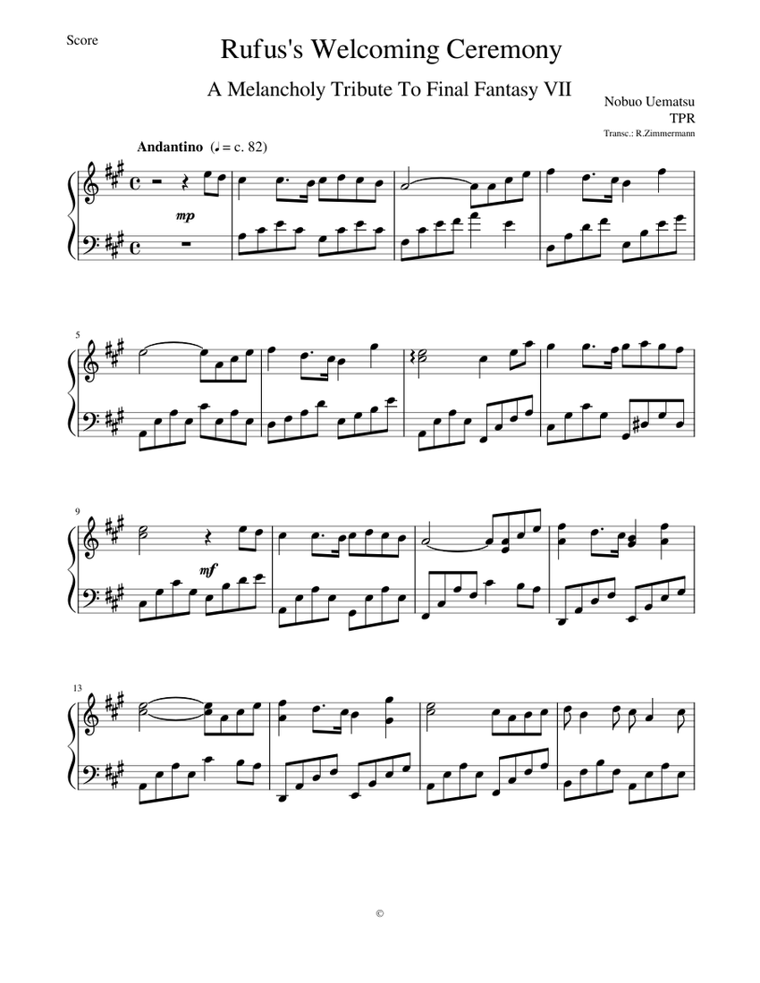 FF VII - Rufus's Welcoming Ceremony (TPR) Sheet Music for Piano