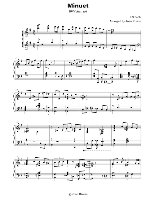 Johann Sebastian Bach - Minuet BWV Anh. 116 - Jazz Advanced Intermediate Piano (Arr. Juan Rivero) (Piano Solo)