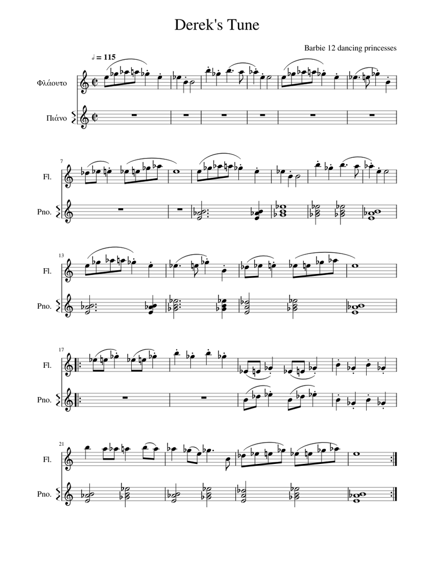 Dereks tune from Barbie in the 12 Dancing Princesses Sheet music for Piano Flute Mixed Duet Musescore