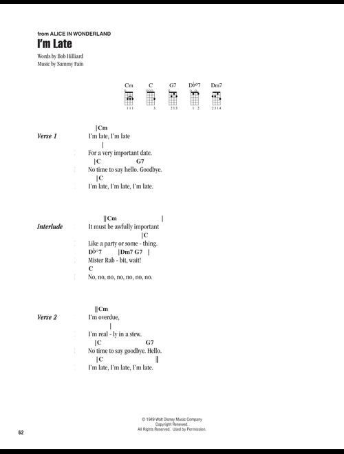 I'm Late (from Alice In Wonderland) - Sammy Fain, Bob Hilliard (Ukulele Chords-Lyrics)
