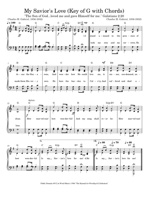 My Savior's Love (Key of G with Chords)