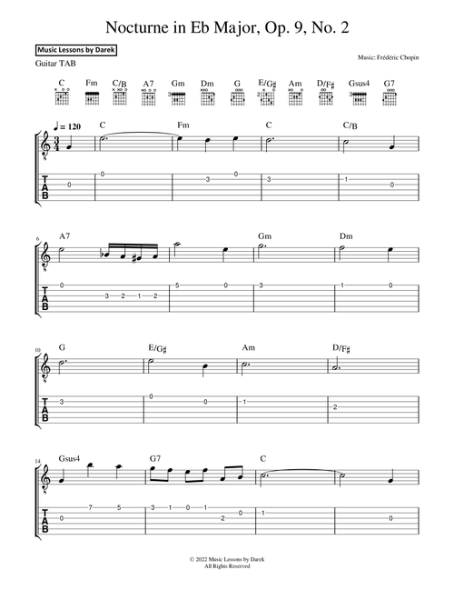 Nocturne in Eb Major, Op. 9, No. 2 (GUITAR TAB) [Frédéric Chopin] (Arr. Darek) (Easy Guitar with TAB)