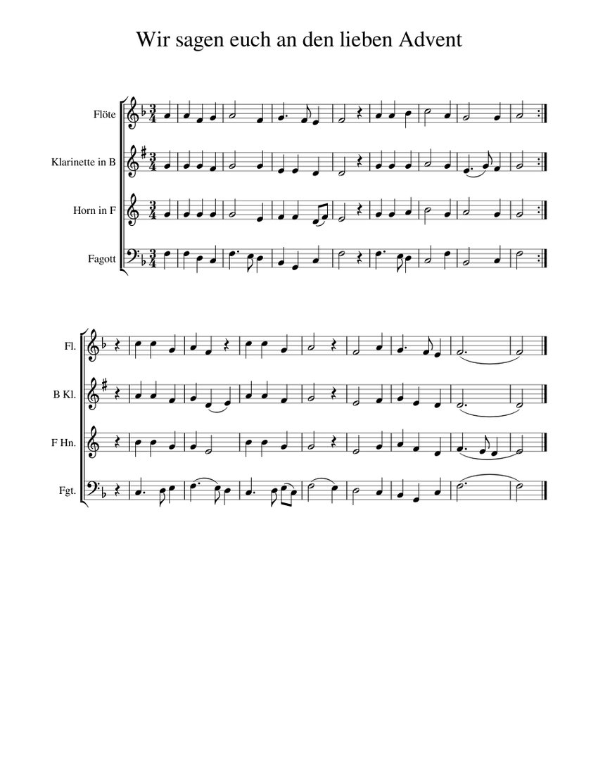 Wir sagen euch an den lieben Advent Sheet music for Flute, in bflat, Bassoon, French Wir sagen euch an den lieben Advent Sheet music for Flute, in bflat, Bassoon, French