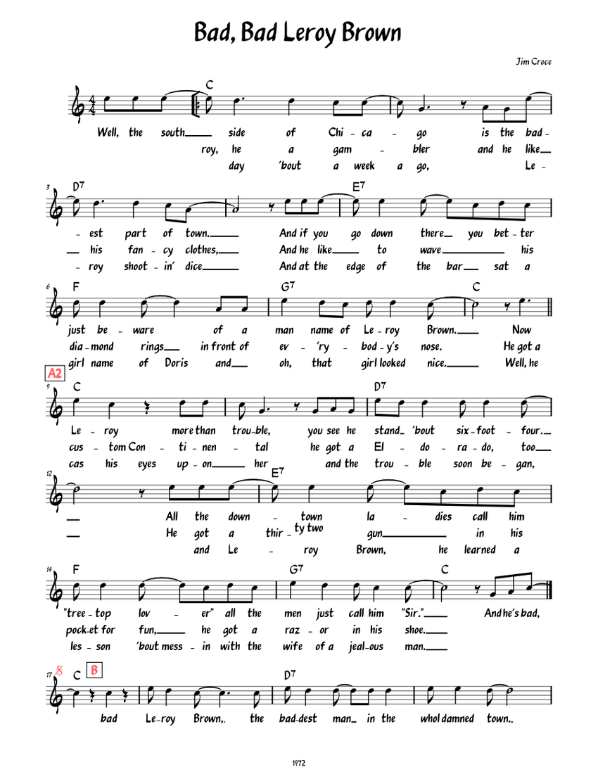 Bad, Bad Leroy Brown (Lead sheet with lyrics ) Sheet music for Piano