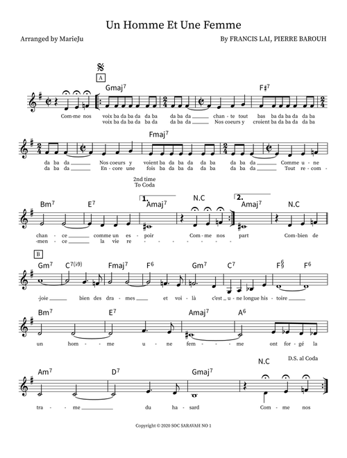 Un Homme Et Une Femme (Arr. MarieJu) - Pierre Barouh, Francis Lai (Lead Sheet - Fake Book)