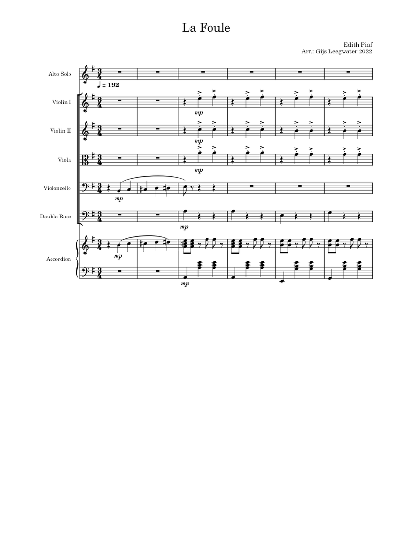 La foule Édith Piaf Sheet music for Piano, Accordion, Contrabass, Violin & more instruments