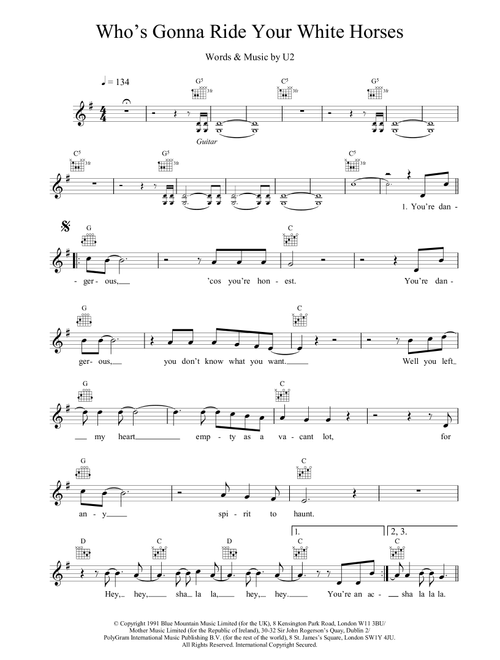 Who's Gonna Ride Your White Horses - U2 (Lead Sheet - Fake Book)