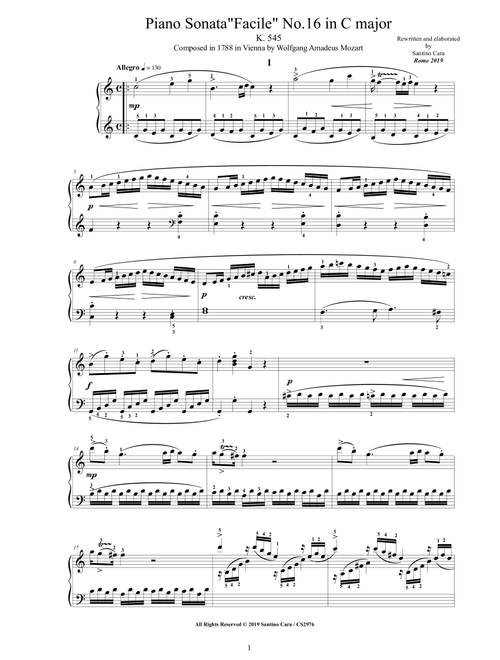 Mozart - Piano Sonata 'Facile' No.16 in C major K 545 - Complete score (Arr. Santino Cara) - Wolfgang Amadeus Mozart (Piano Solo)