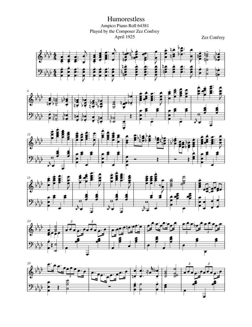 Humorestless –Piano Roll Transcription - Zez Confrey - 1925 Sheet