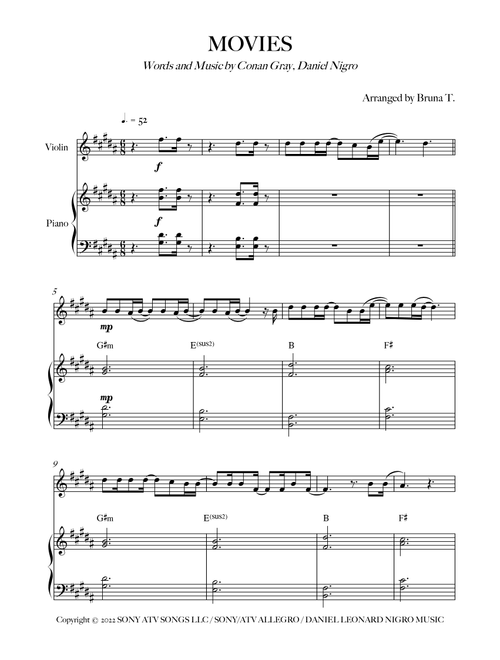 Movies (Arr. Bruna T.) - Conan Gray (Violin and Piano)