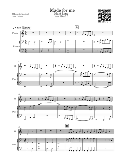 Made for me Muni Long Partitura Piano e Flauta Educação Musical José Galvão