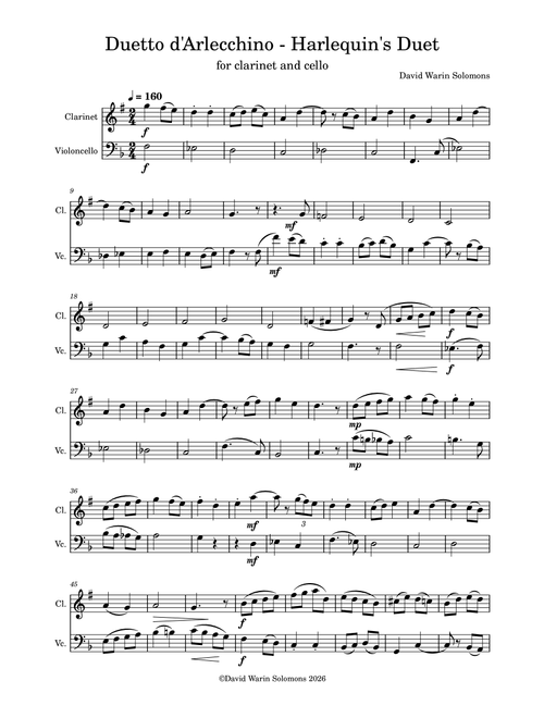 Duetto d'Arlecchino (Harlequin's duet) for clarinet and cello - David Warin Solomons (Instrumental Duet)