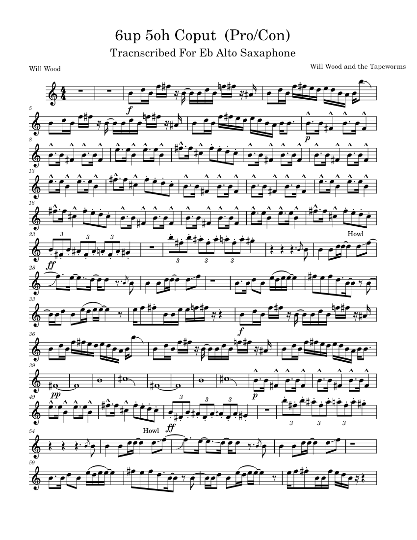 6up 5oh (Cop Out!) Will Wood and the Tapeworms Transcribed For Eb