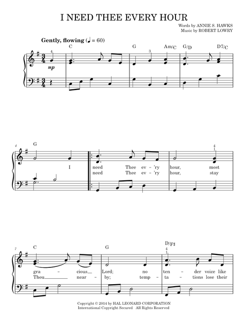 I Need Thee Every Hour - Robert Lowry (Easy Piano)