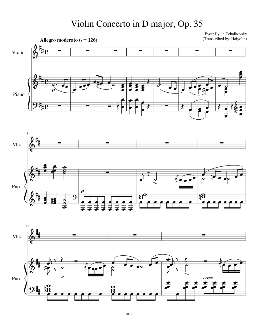 Tchaikovsky Violin Concerto in D major, Op. 35 (Piano Reduction) Sheet