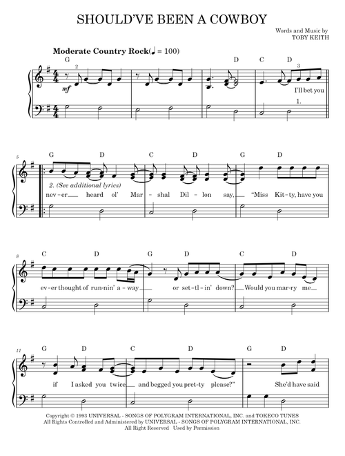 Should've Been A Cowboy - Toby Keith Sting (Easy Piano)