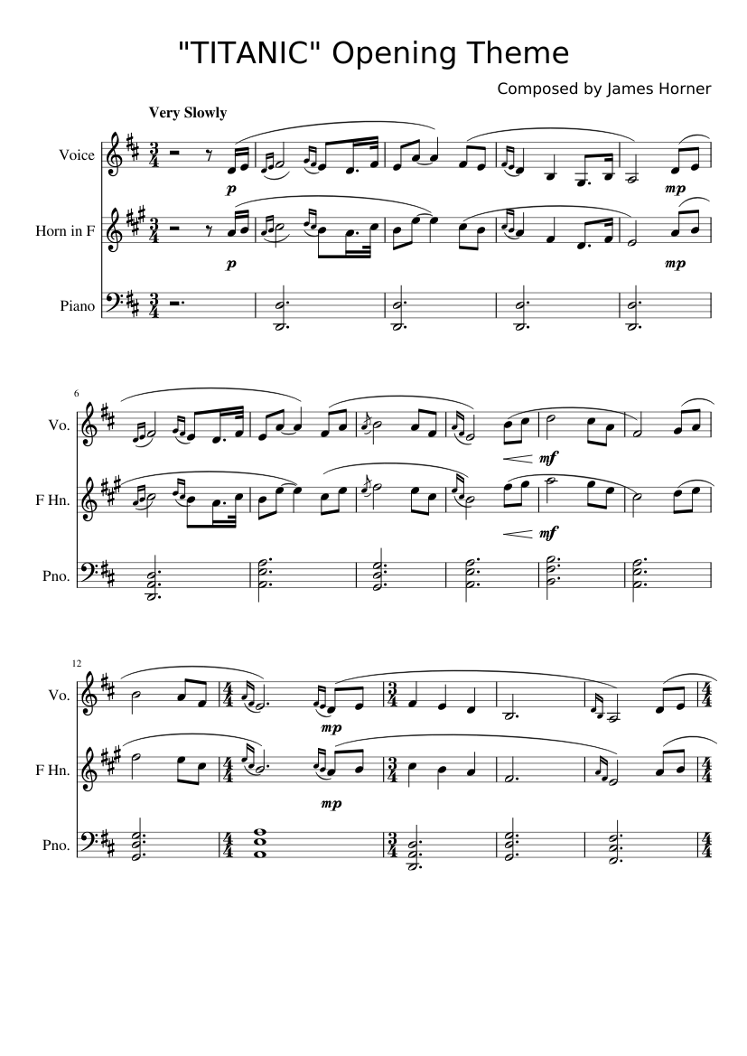 Titanic Opening Theme Sheet music for Piano, Vocals, French horn (Mixed  Trio) 