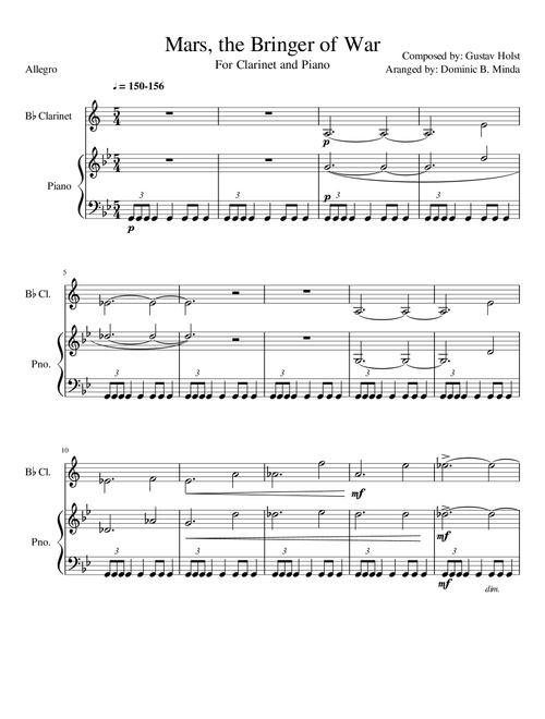 Mars from "the planets" for clarinet and piano. (Arr. Dominic B. Minda) - Gustav Holst (Clarinet and Piano)