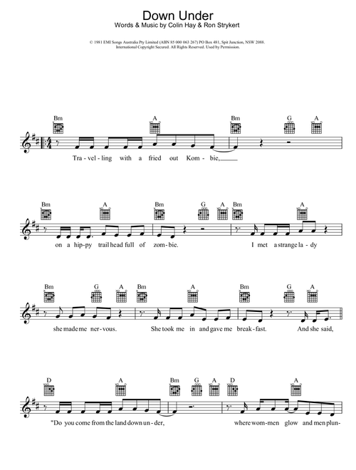 Down Under - Men At Work (Lead Sheet - Fake Book)