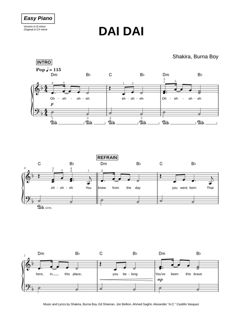 Dai Dai - Shakira, Burna Boy (Easy Piano)
