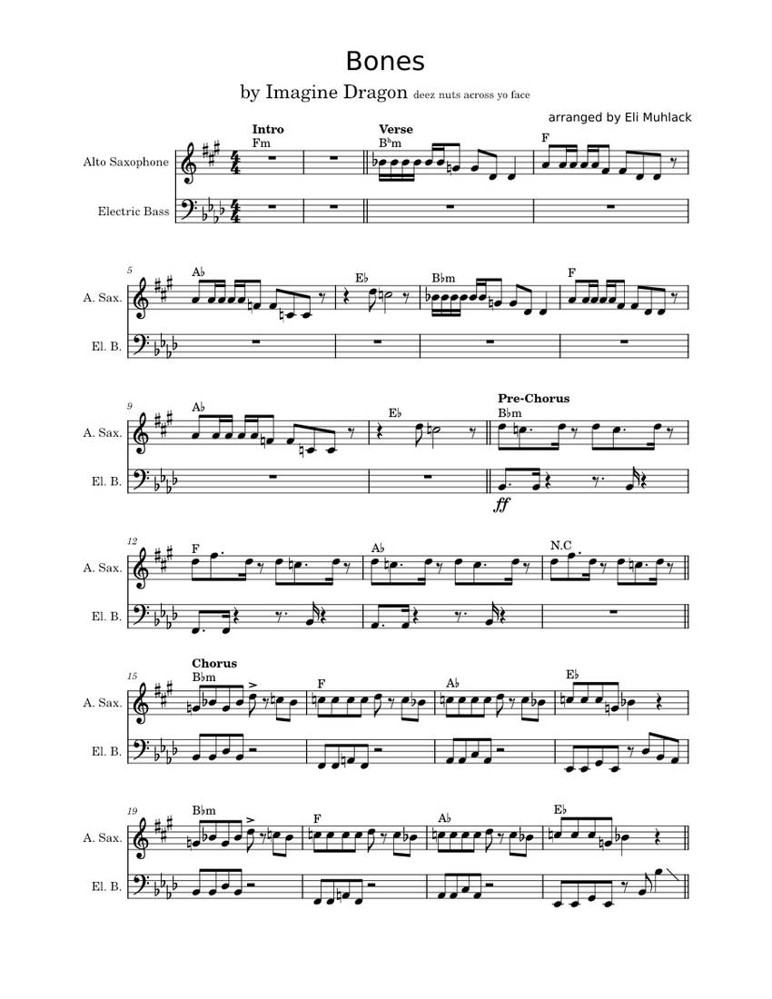 Bones Imagine Dragons for the Alto Saxophone and Electric Bass
